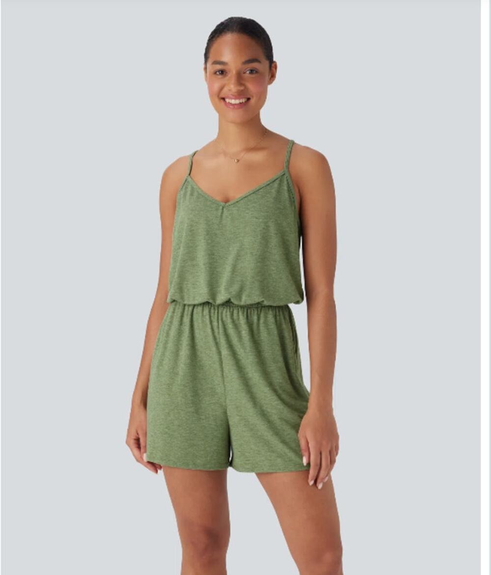 Halara Wide Leg Jumpsuit with Pockets Womens Large Light Green Floral Yarn